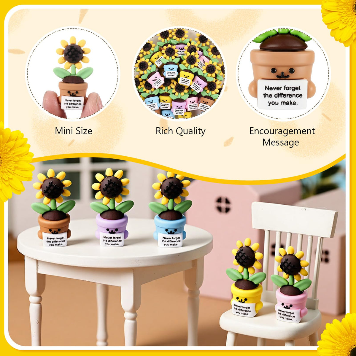 Gejoy sunflower toy inspirational sign; motivates without pressure on coworkers.