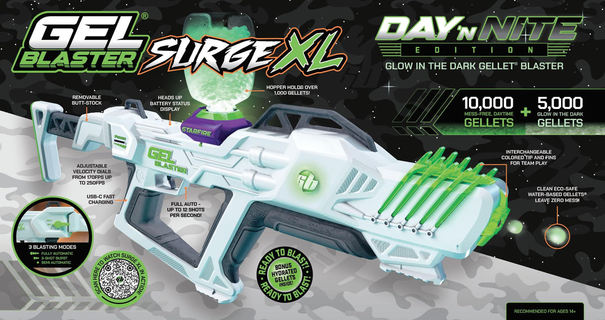Gel Blaster Surge XL pre-loaded hopper delivering 1,000 gellets for continuous blasting.