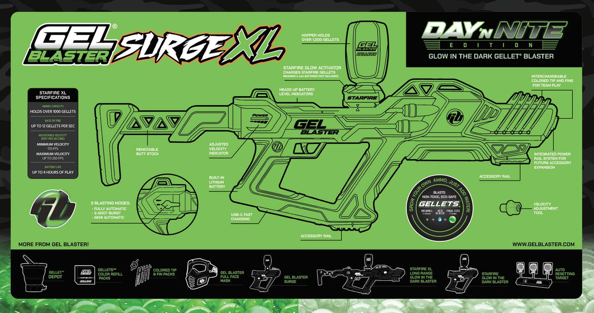 Gel Blaster Surge XL Starfire glow enables illuminated night battles.