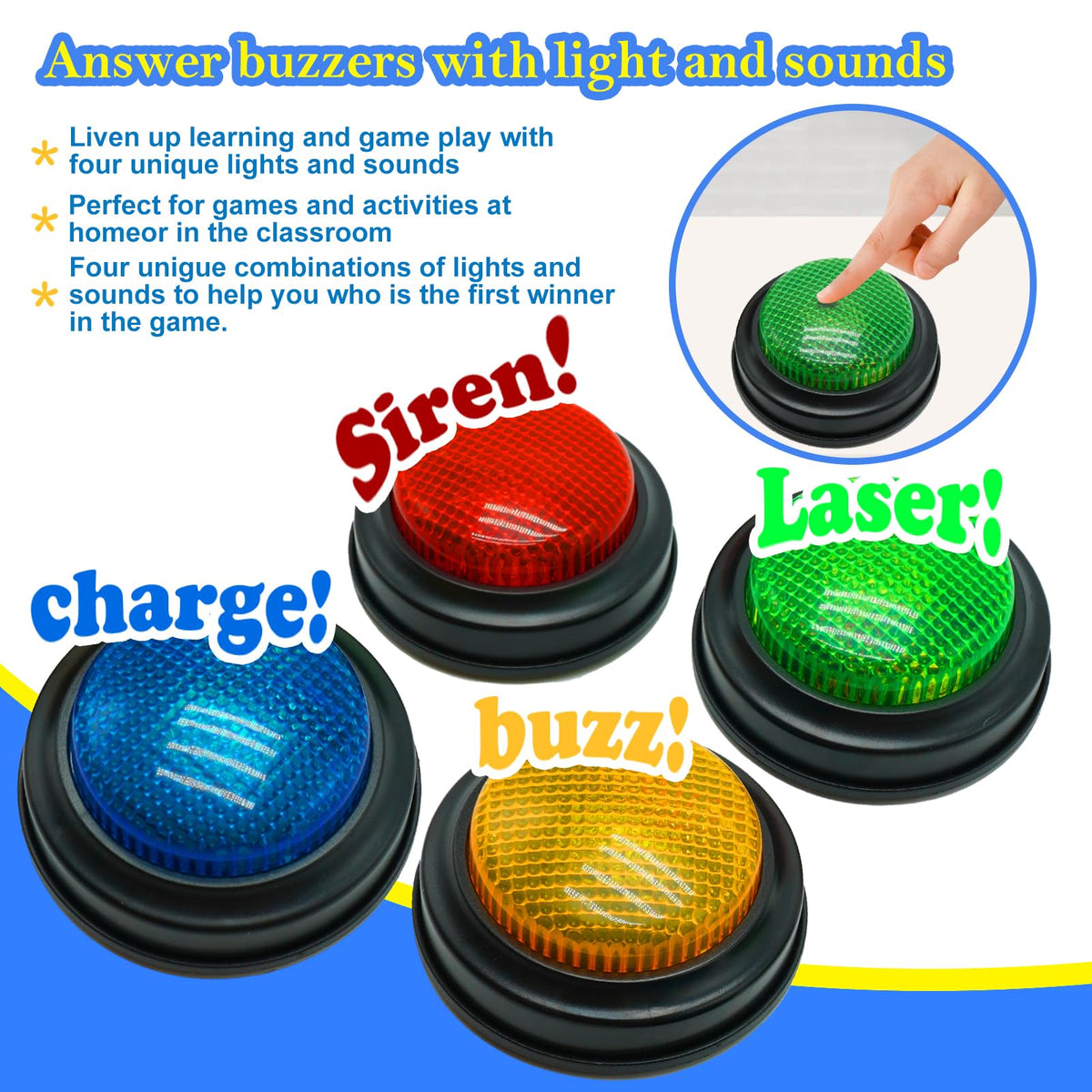 Gelabur green buzzer energizes group quizzes with color cues.