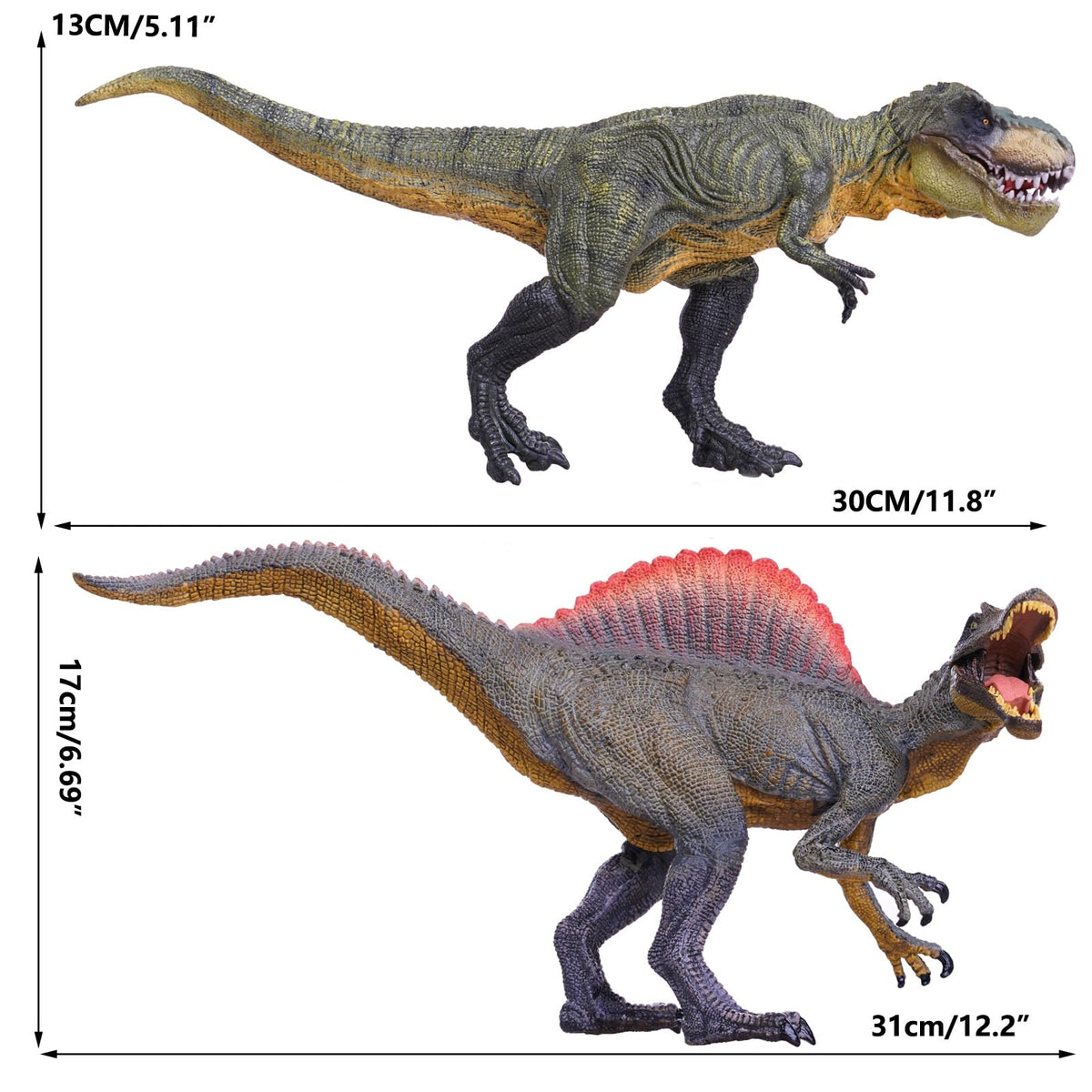 Gemini&Genius Spinosaurus figure shows textured details for dynamic display.