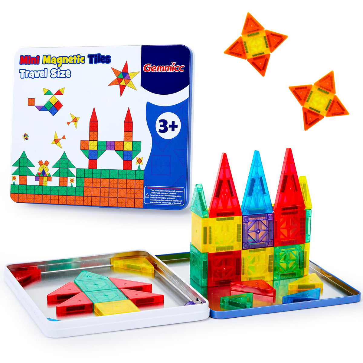 Gemmicc 58pcs mini magnetic tiles in travel case enable portable creativity.