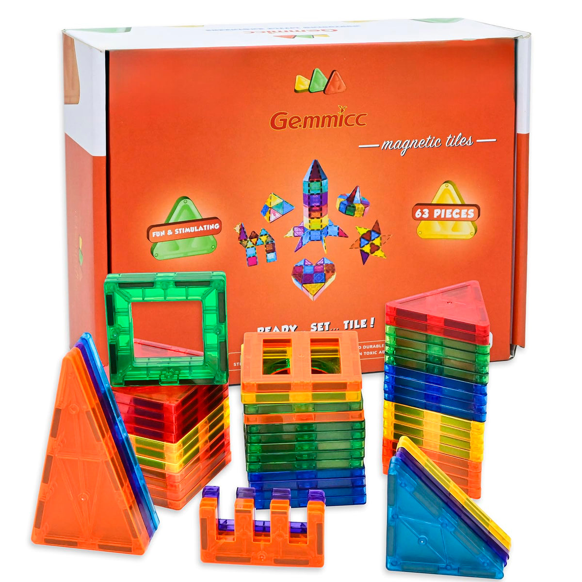 Gemmicc Magnetic Tiles 63-pcs set for creative play and learning through building.