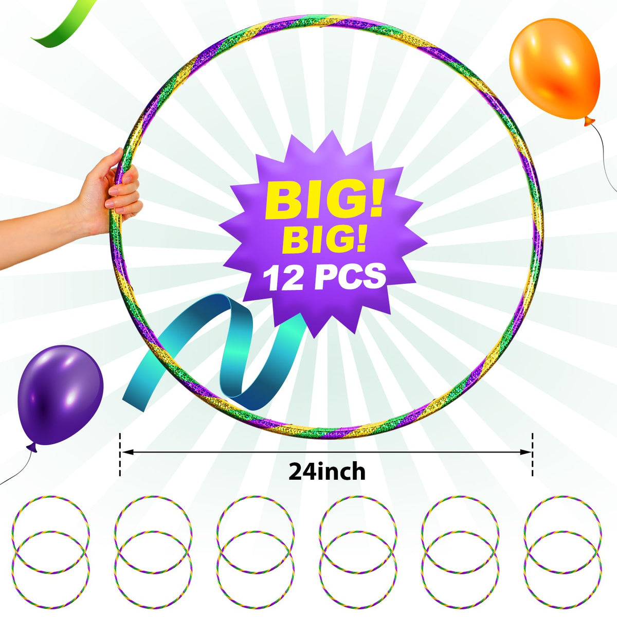 Gemscream 12-pack glitter hoop used as a party prop and gym practice aid