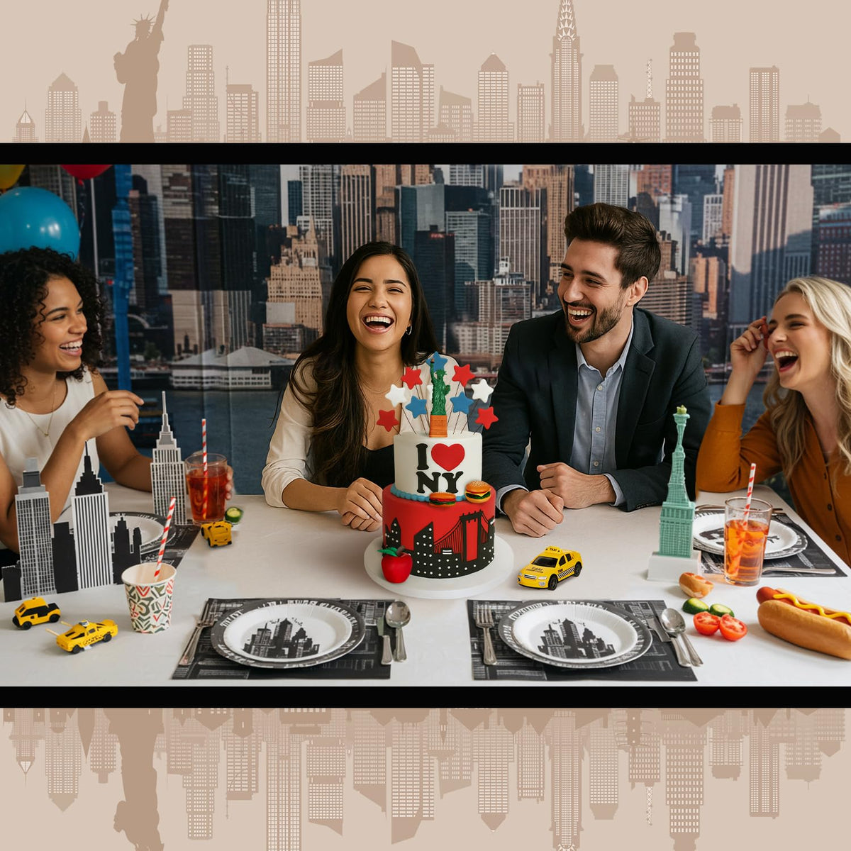 Gemscream New York skyline set decorates parties with urban flair.