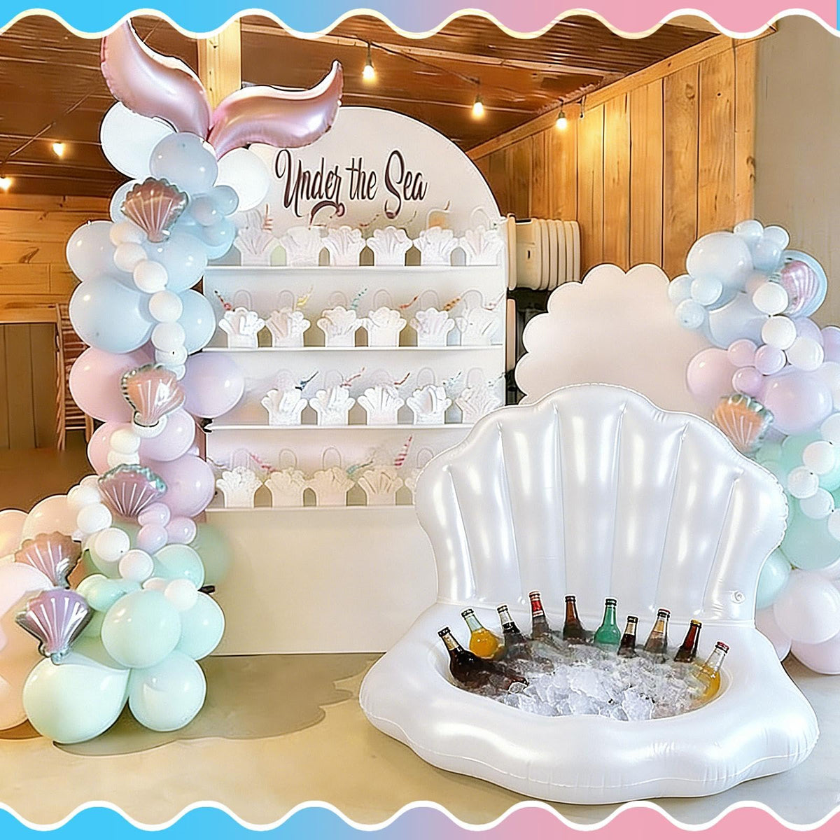 Gemscream seashell pool float on a sunny beach scene as mermaid party decor and functional beverage holder.