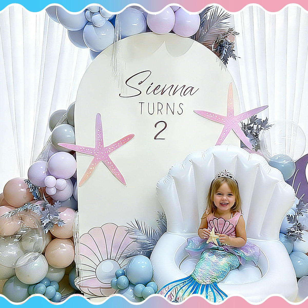 Gemscream seashell pool float in-use scene highlights convenient drink holder at the edge of the pool.
