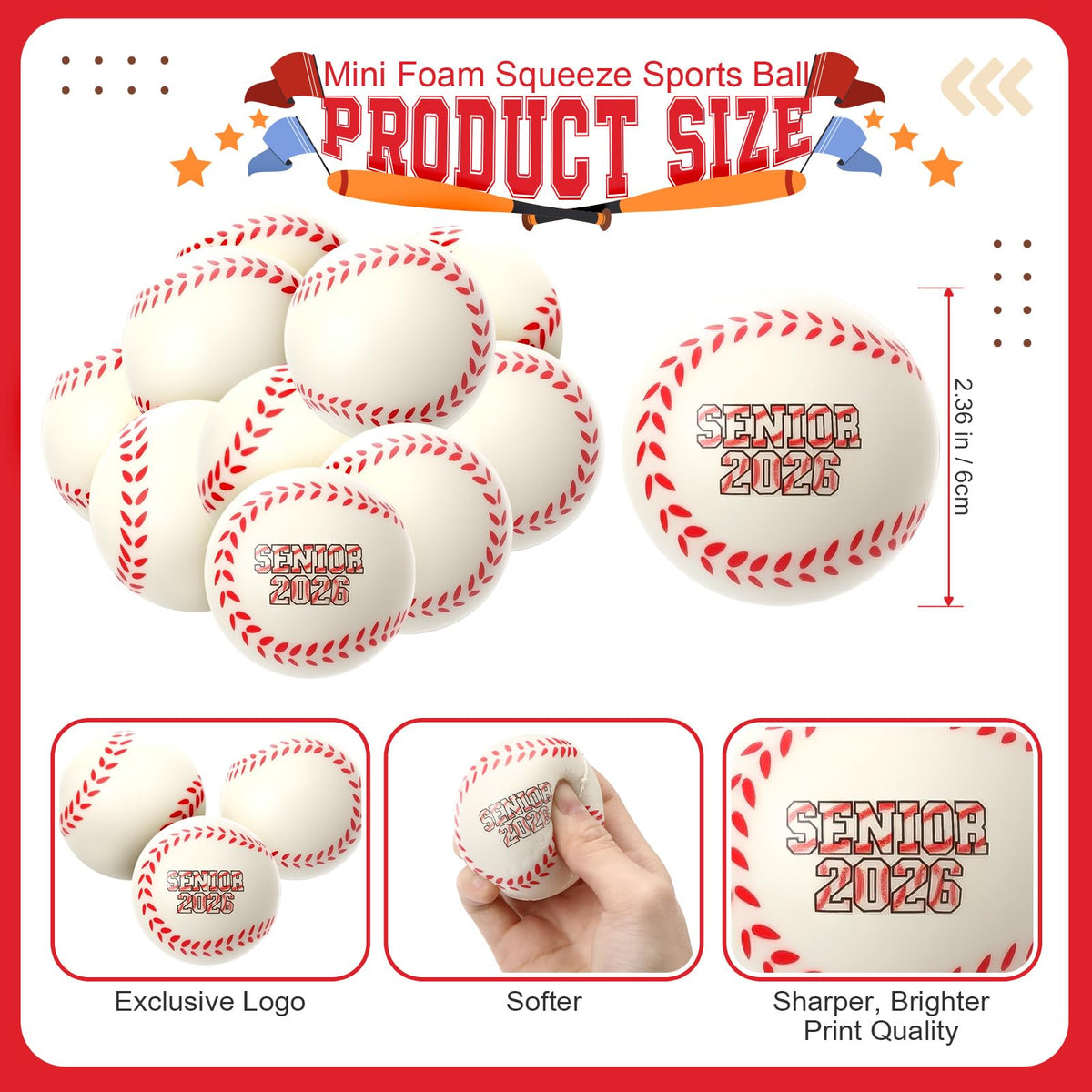 Gemscream senior-2026 baseball stress ball, 24-pack, ideal keepsake and desk stress reliever.