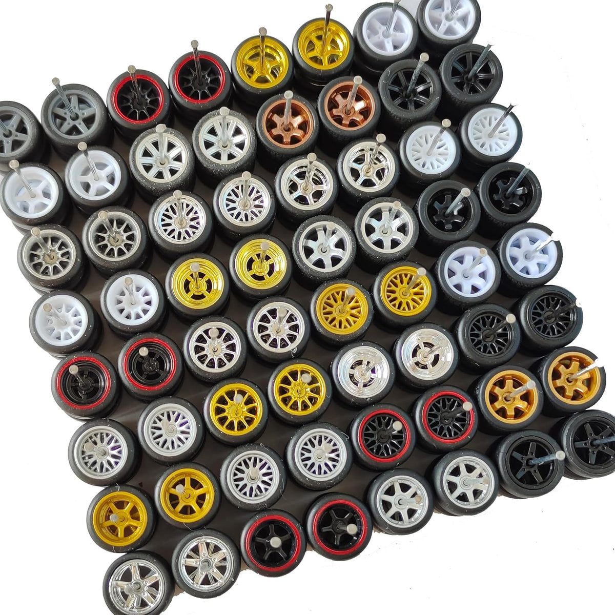 Generic 1:64 mushroom-nail axles highlight easy-install design for tool-free customization.