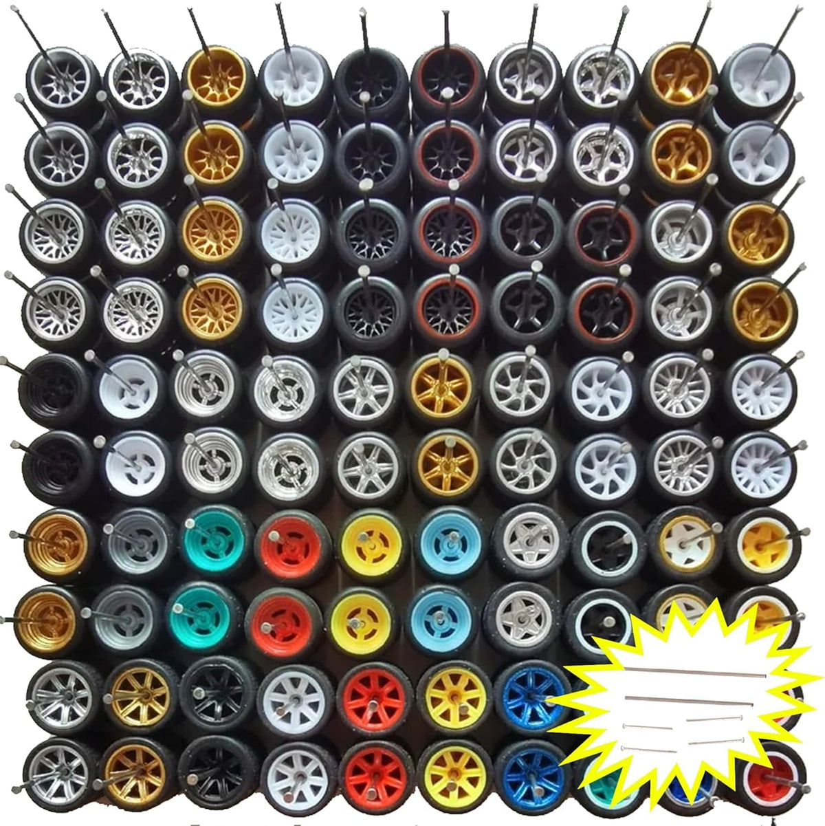 Generic 1:64 rubber tire and axle set pack upgrades diecast cars with a complete wheel kit.