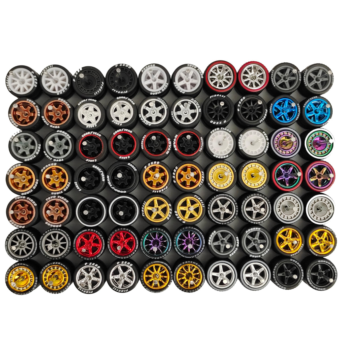 Generic 10-pack 1:64 rubber wheels with logo sidewall for authentic detail