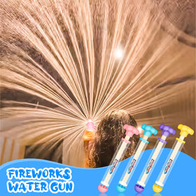 Generic four-pack fireworks-shaped water gun ergonomic-handle close-up emphasizing lightweight design.