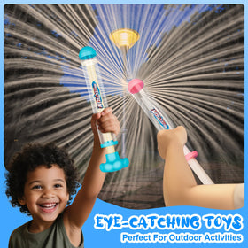 Generic four-pack fireworks-shaped water gun family-fun scene for parties and gatherings.