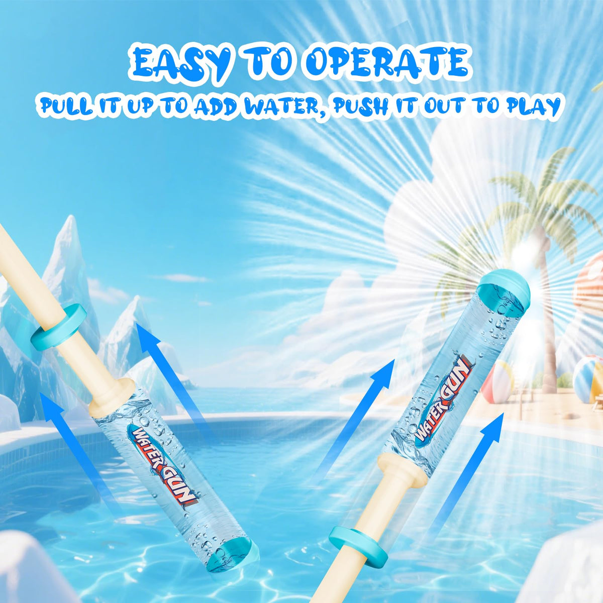 Generic four-pack fireworks-shaped water gun in-action pool scene showing easy refill and splashy effects.