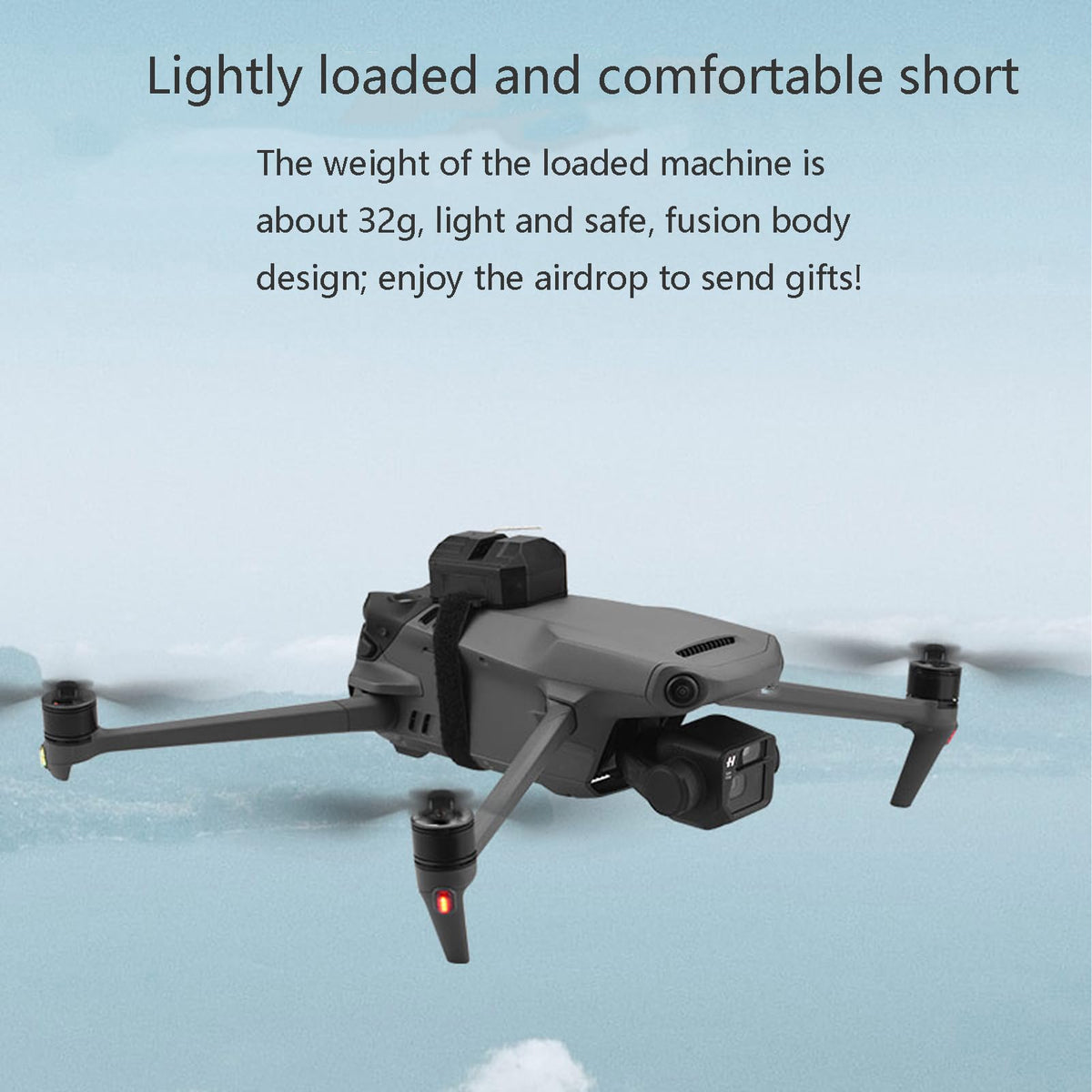 Lightweight 32-gram thrower mounted beside the drone propellers for safe payload release.
