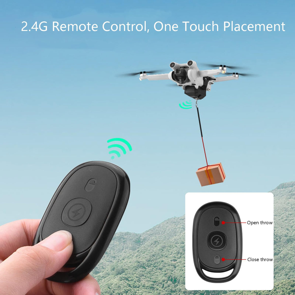 DJI Mini 4 Pro with remote shows a 50-meter drop range in action.