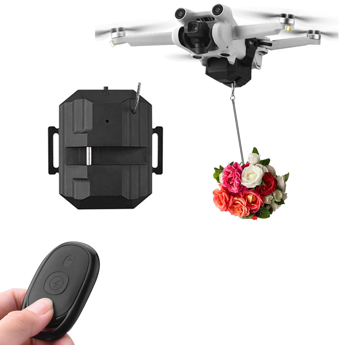 Generic Airdrop System on DJI Mini 4 Pro ready to drop a gift mid-flight.