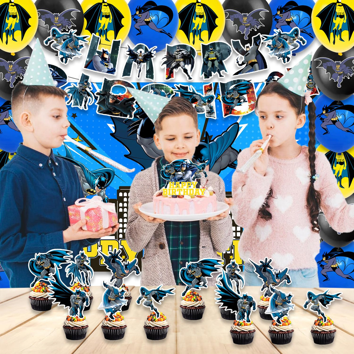 Generic Batman balloons contribute vibrant color and celebratory atmosphere