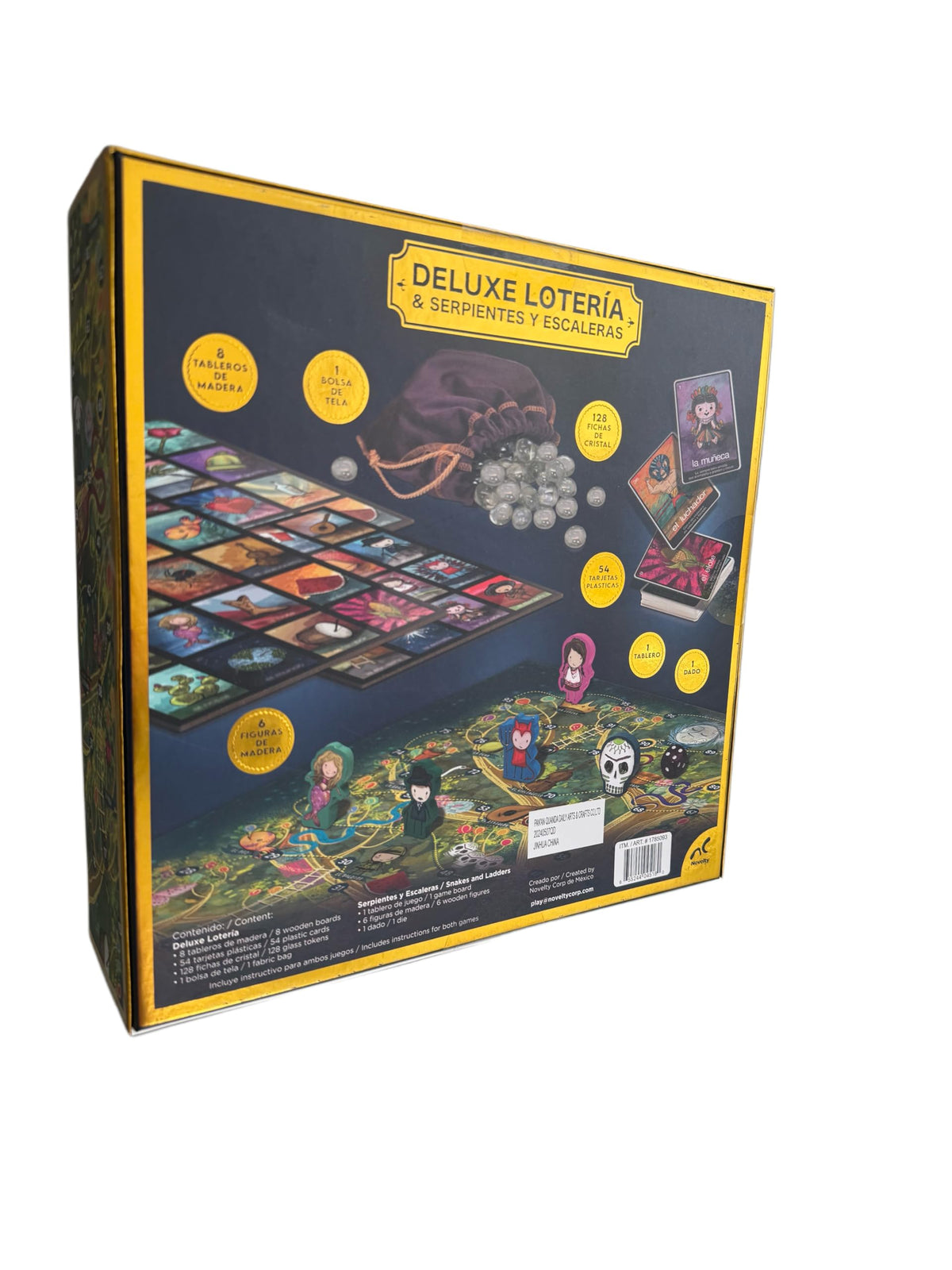 Generic bilingual game box content including a mix of bingo cards and snakes and ladders pieces.