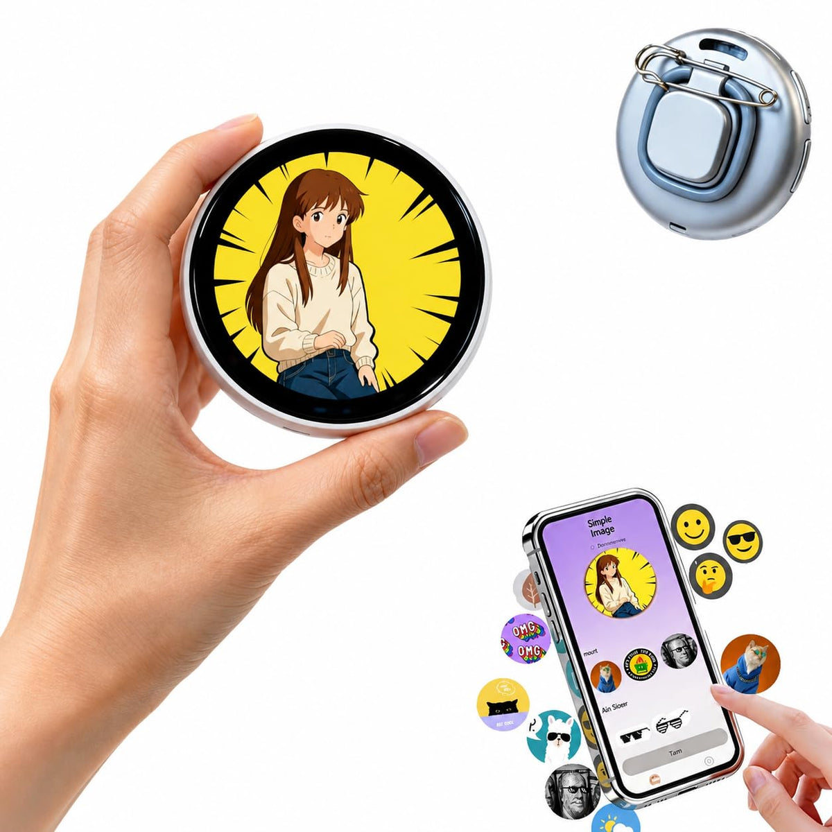 Generic Chamii Ani-Pin Ultra digital display badge showing customizable animations for events.