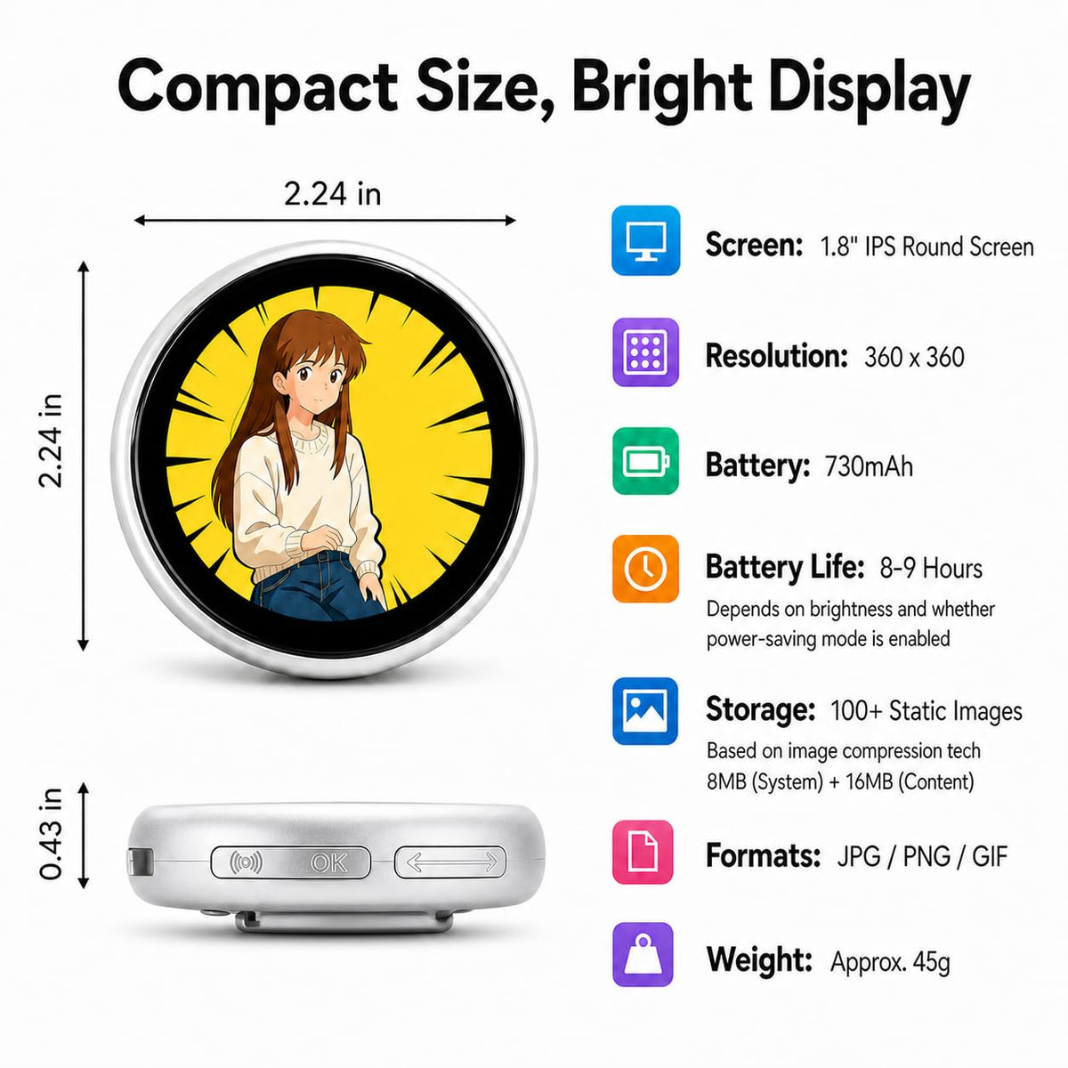 Generic Chamii Ani-Pin Ultra touch-screen swipe interactions for quick scene changes on the badge.