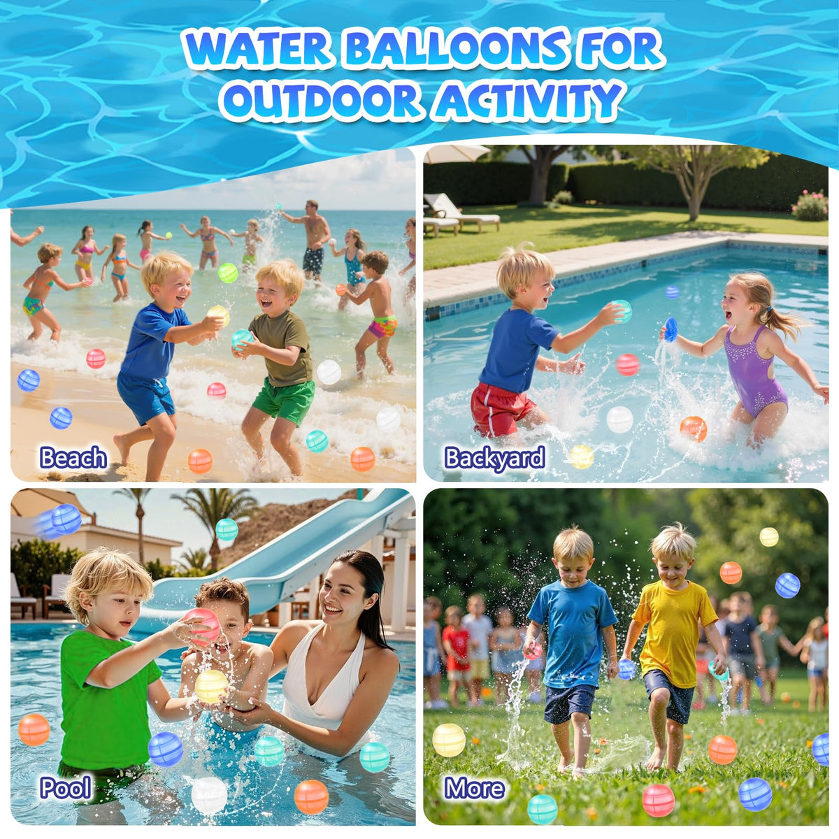 Colorful Generic water balloons ready for pool party or backyard fun.