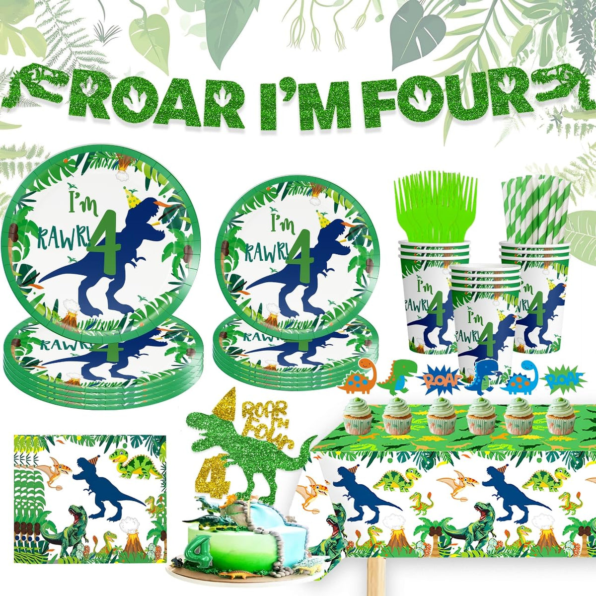 Generic Dinosaur 4th glitter banner adds festive shine for photos and party entrance