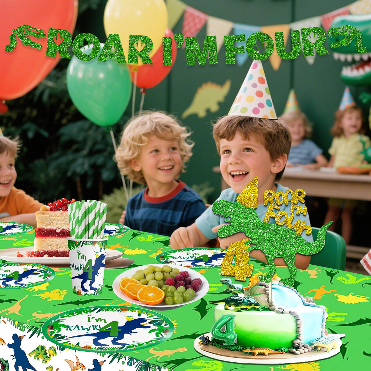 Generic Dinosaur 4th cups and napkins enable easy cleanup after cake