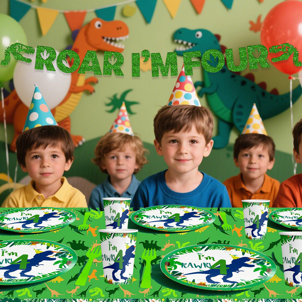 Generic Dinosaur 4th tablecloth and toppers finish the dessert display neatly