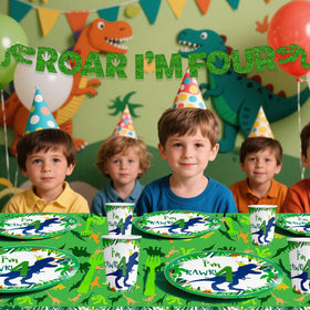 Generic Dinosaur 4th tablecloth and toppers finish the dessert display neatly