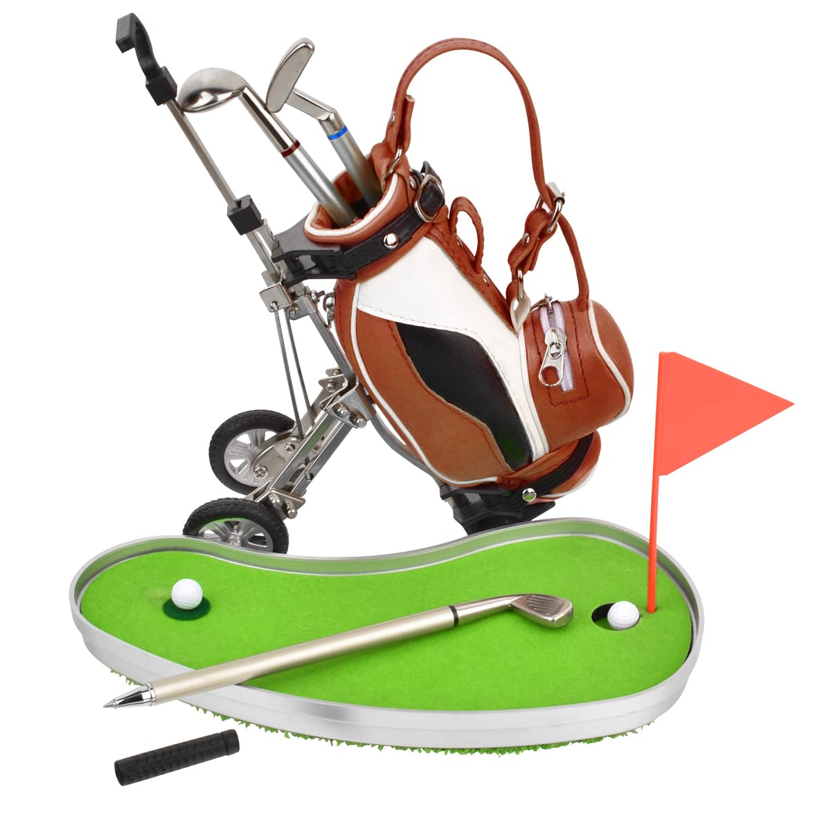 Generic dual-purpose golf pen holder on an office desk setup.