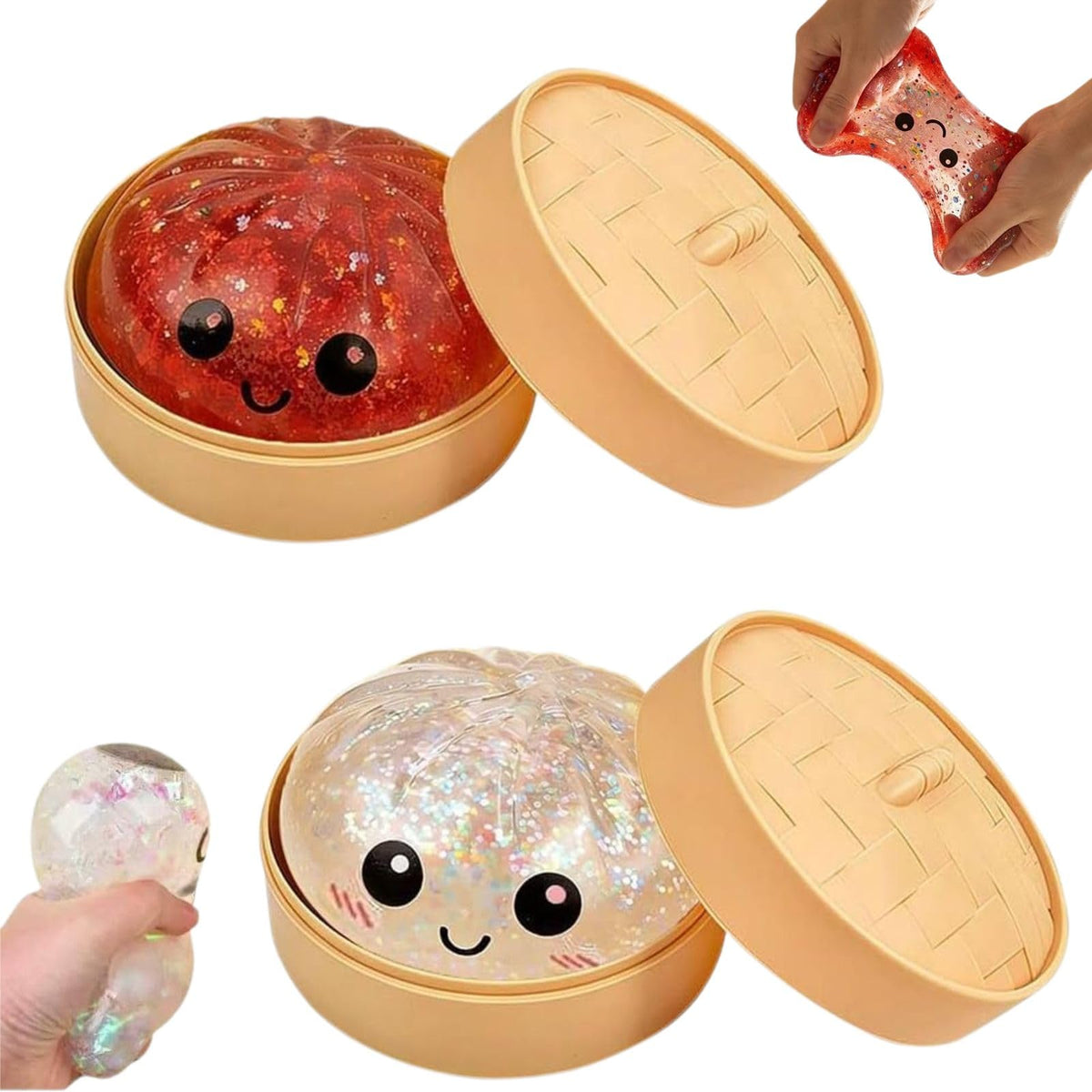 Generic dumpling squishy with red glitter, close-up for tactile desk fun.