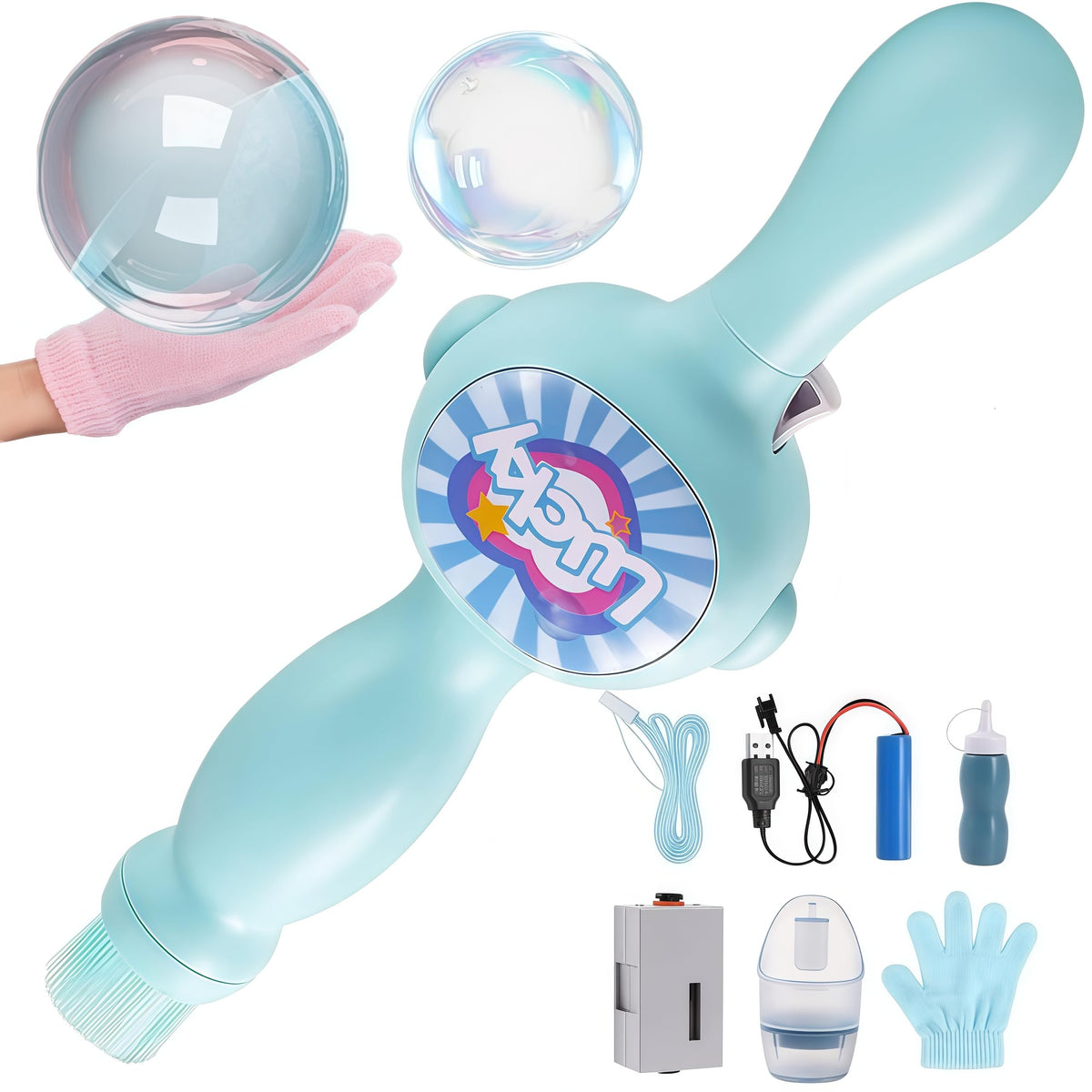 Generic e Machine fog bubble wand with blue lights for outdoor fun.