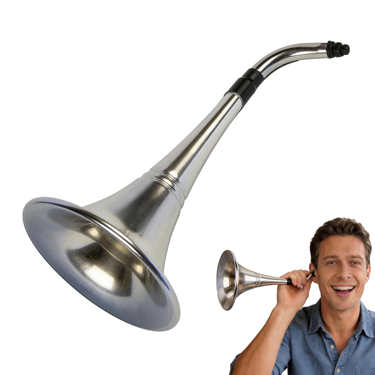 Generic Ear Trumpet Horn full view shows vintage metal prop for fun decorations at parties.
