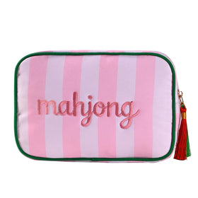 Generic embroidered mahjong tile bag with pink stripes and tassel for stylish travel storage.