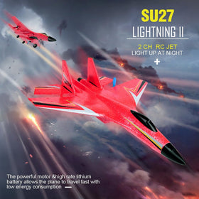 Generic Fremego Su-27 RC airplane LED glow during night flight.