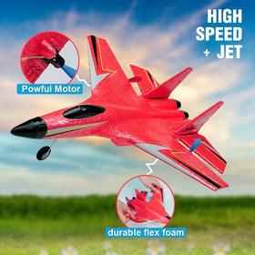 Generic Fremego Su-27 RC airplane landing on open field during play.