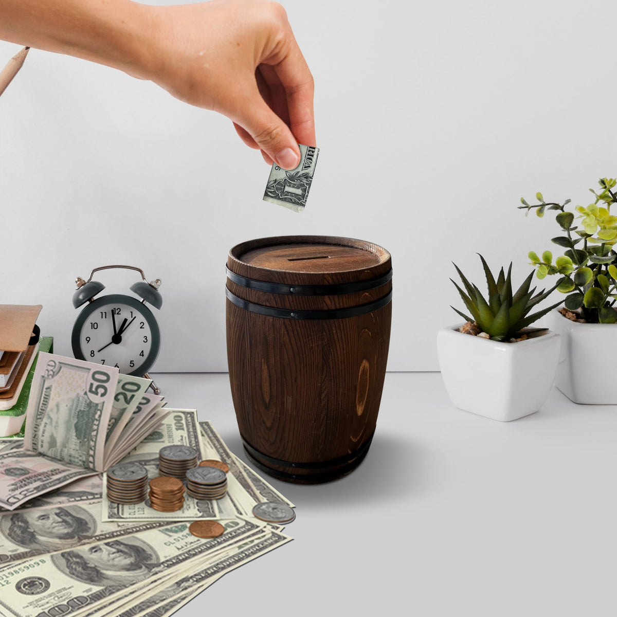 Generic wooden money box ready for gifts, weddings, or housewarmings in rustic style.