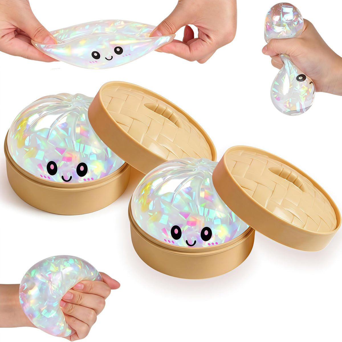 Generic Glitter Dumpling squishy box with sparkling texture and playful face for sensory fun.