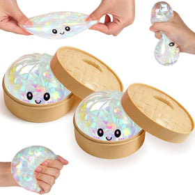 Generic Glitter Dumpling squishy box with sparkling texture and playful face for sensory fun.