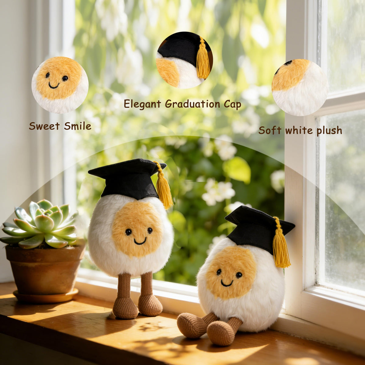 Generic Graduation Boiled Egg Plush tassel detail, cute cap feature enhances gifts.