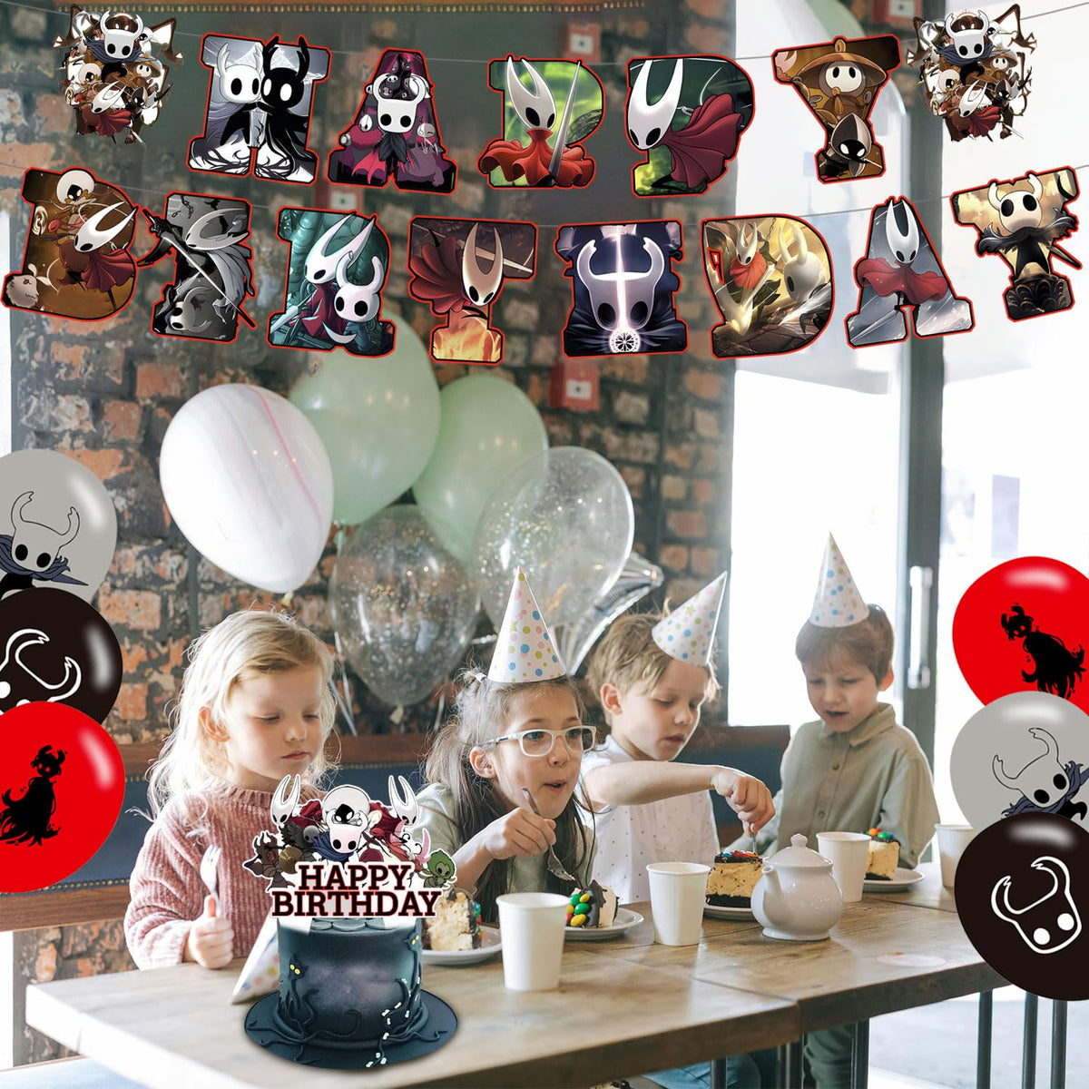 Generic Hollow Game Knight balloons provide festive color and whimsy for the party.