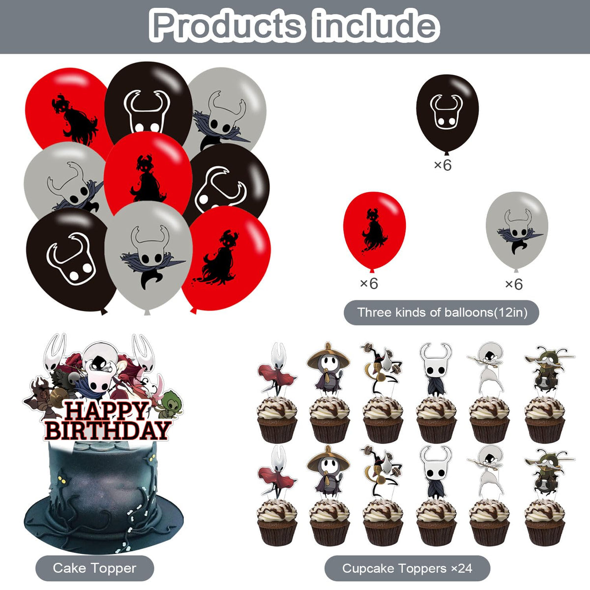 Generic Hollow Game Knight cupcake toppers enhance dessert presentation.