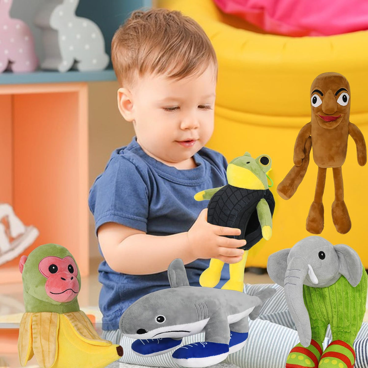Generic Italian Brainrot Plush Elefantino Cacto decorates a nightstand with cute, quirky style.