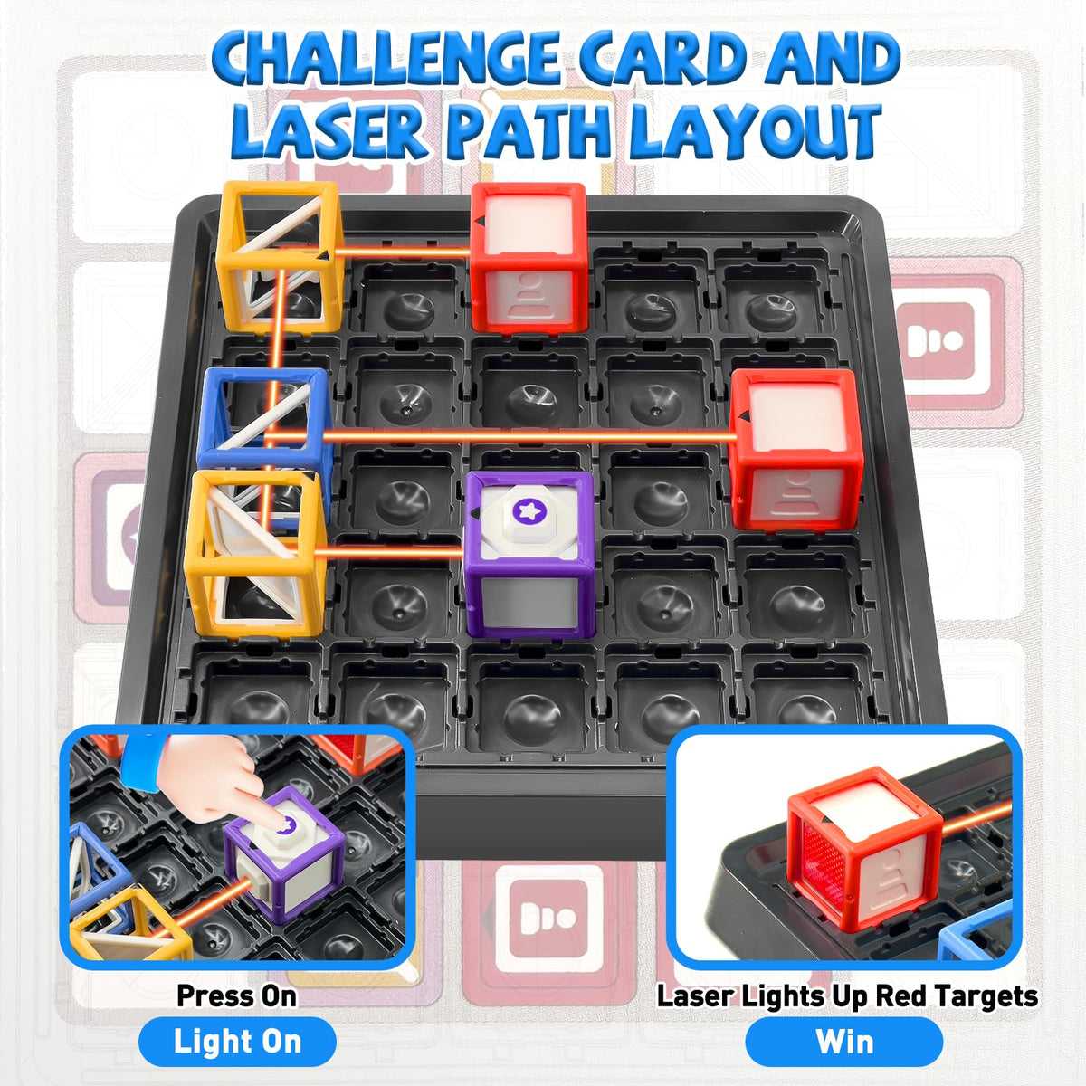 Generic Laser Maze challenge cards guiding progressive puzzles for learning.