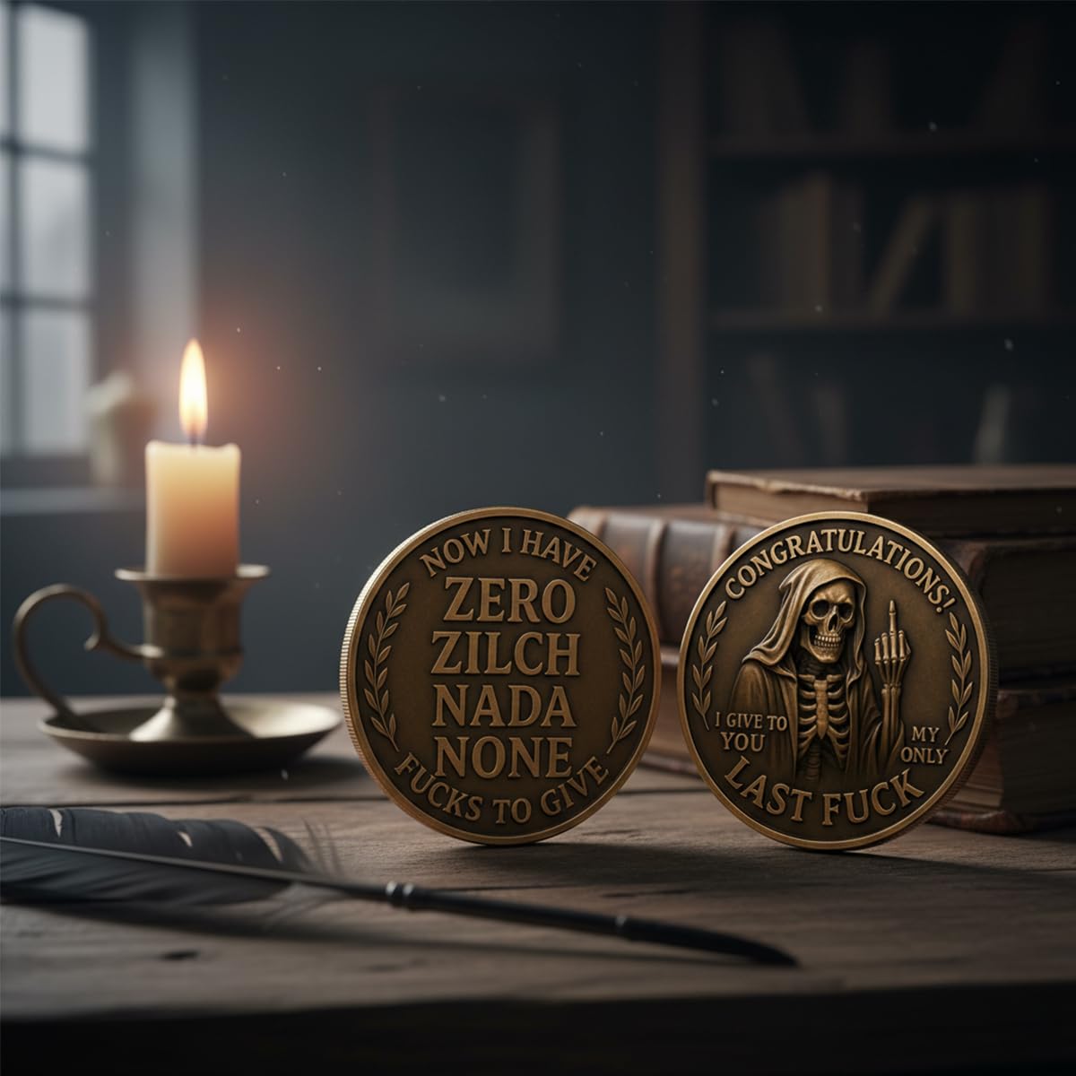 Generic Last F*ck to Give Challenge Coin aged metal look, vintage vibe.