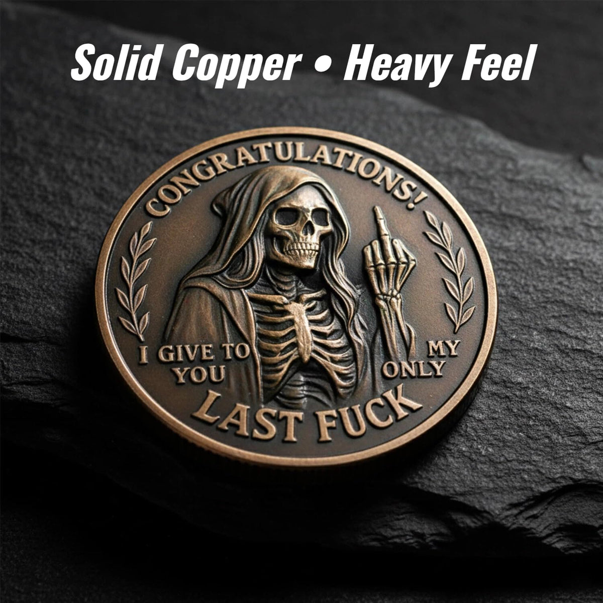 Generic Last F*ck to Give Challenge Coin back engraving, readable sarcasm on display.