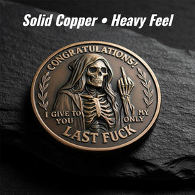Generic Last F*ck to Give Challenge Coin back engraving, readable sarcasm on display.