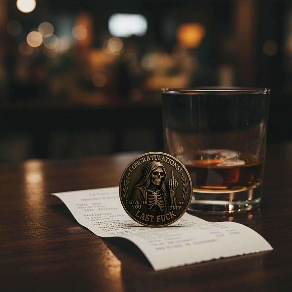 Generic Last F*ck to Give Challenge Coin desk display, eye-catching desktop reminder.