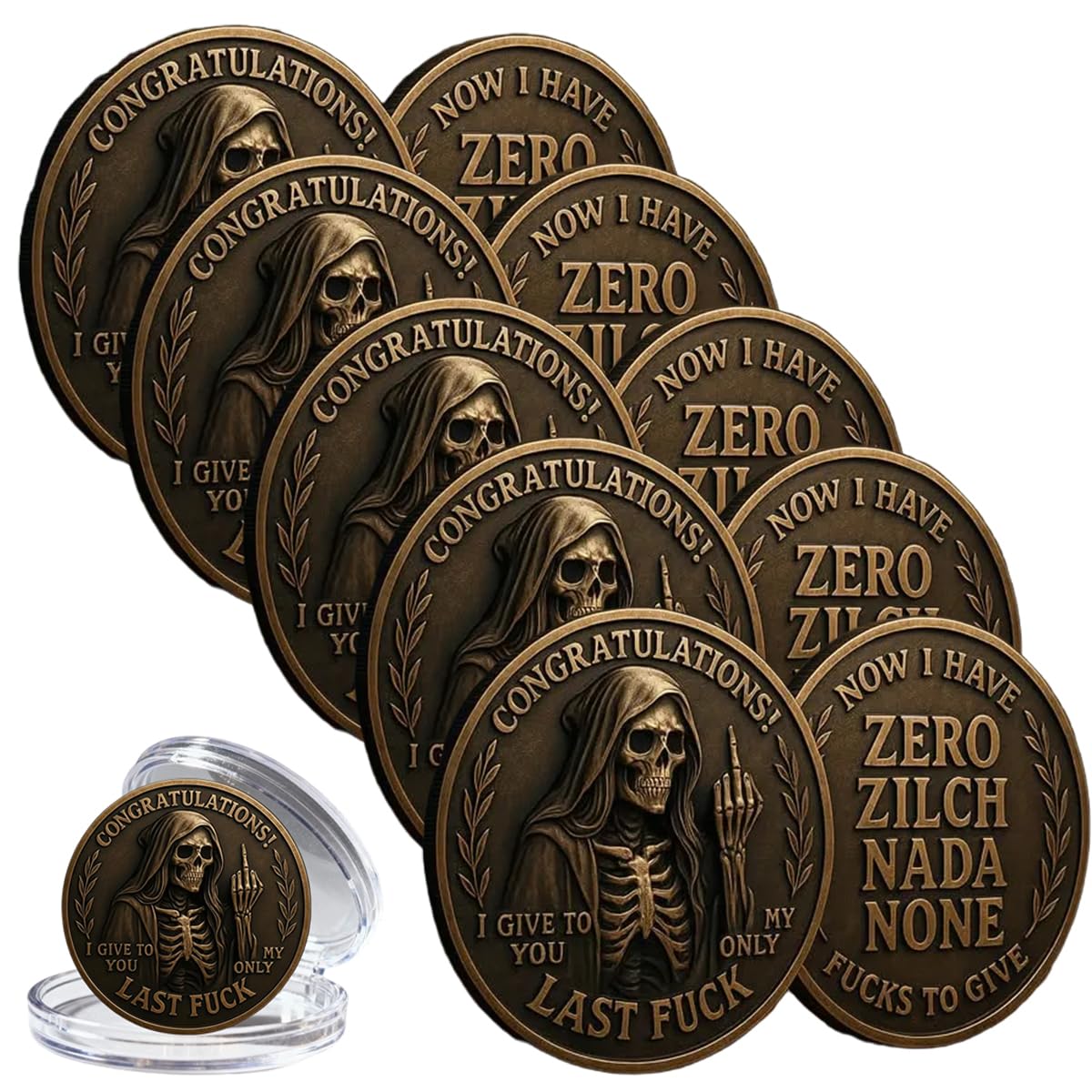 Generic Last F*ck to Give Challenge Coin front skull design, bold desk statement.